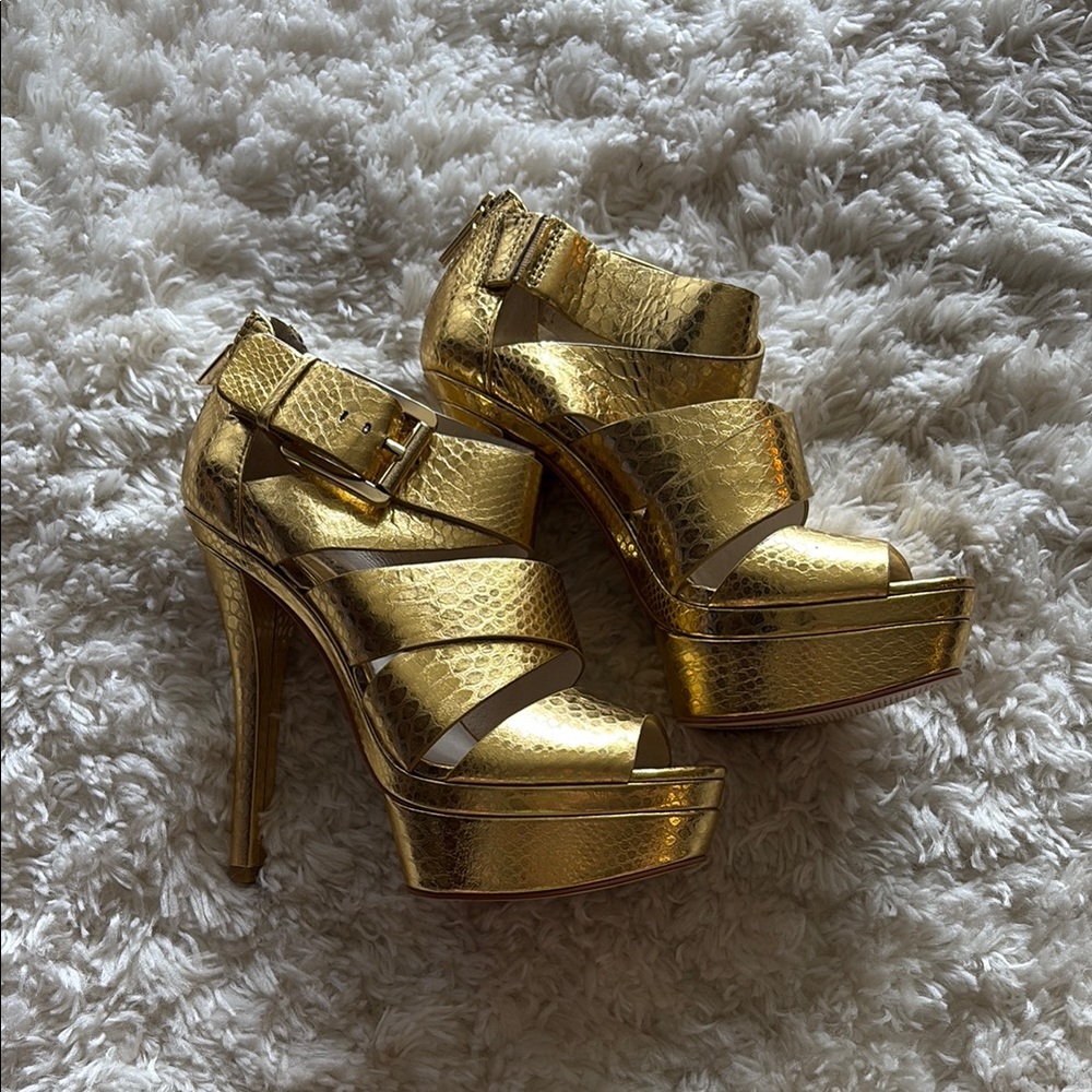 Michael Kors Gold Snake Embossed Strappy Heels